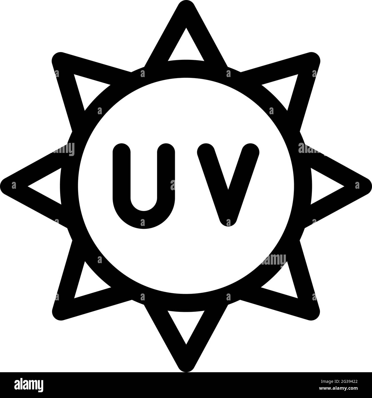 Ultra-violettes Schutzsymbol. UV-Symbol. Sonnenstrahl-Schild. Symbol für dünne Umrisse auf weißem Hintergrund. Vektorgrafik. Stock Vektor