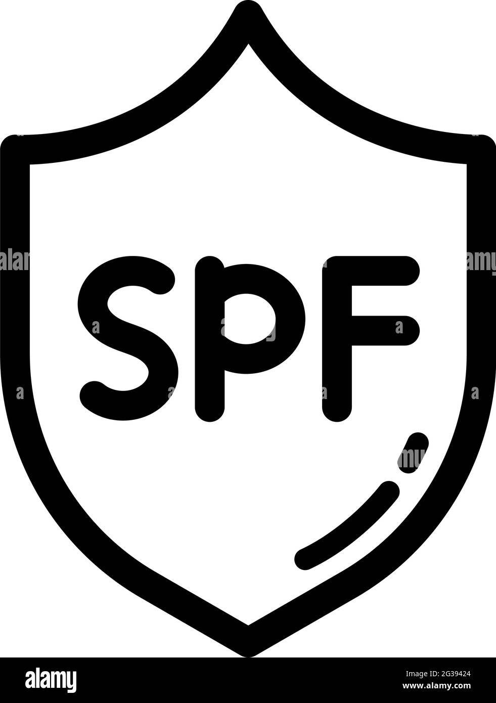 Ultra-violettes Schutzsymbol. SPF-Symbol. Sonnenstrahl-Schild. Symbol für dünne Umrisse auf weißem Hintergrund. Vektorgrafik. Stock Vektor