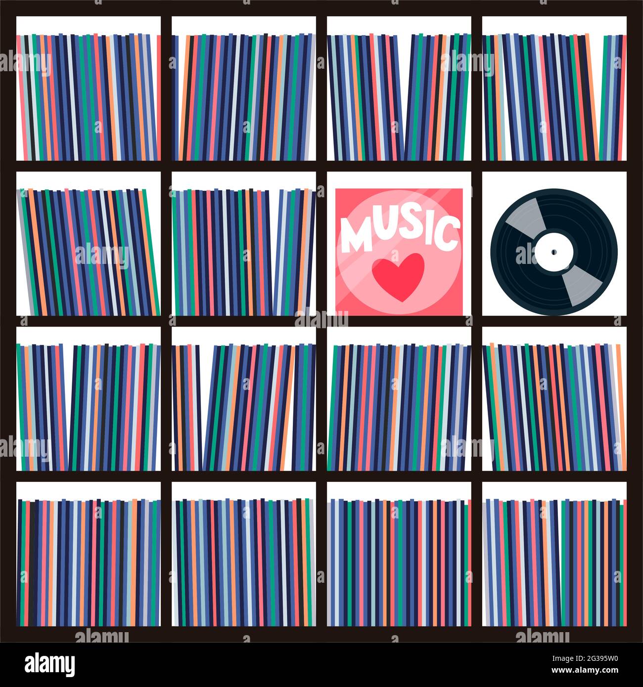 Vinylkollektion auf Regalen. Stapel von Musikplatten in den Ärmeln für Plattenspieler. Vektor Stock Vektor