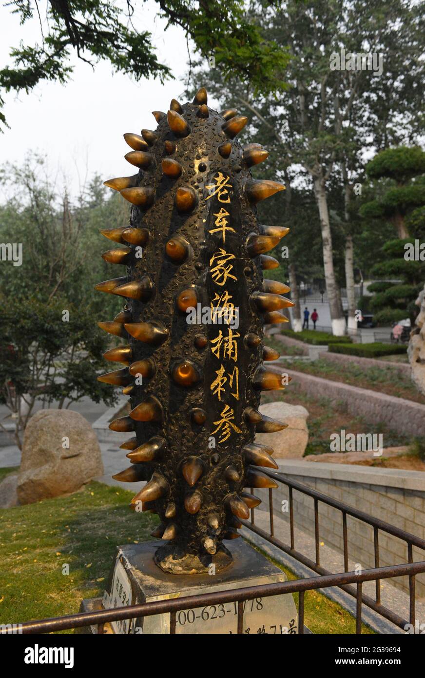 Ein großes Modell einer Seegurke steht als ungewöhnliche Werbung in einem Park in Yantai, Provinz Shandong, China Stockfoto