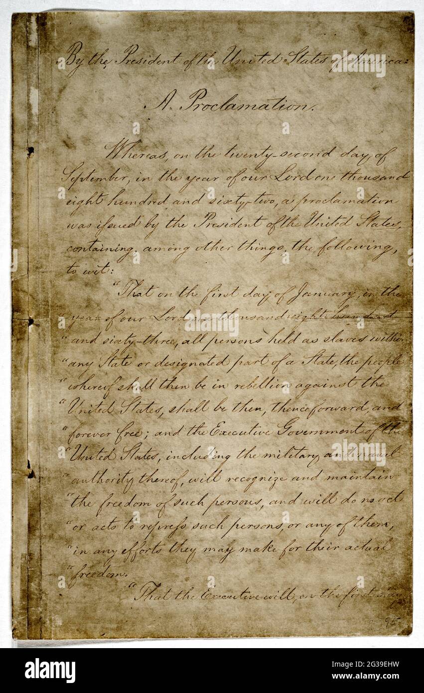 Die Emanzipationsproklamation. Präsident Abraham Lincoln gab die Emanzipationsproklamation am 1. Januar 1863 heraus Stockfoto Die Emanzipationsproklamation. Präsident Abraham Lincoln gab die Emanzipationsproklamation am 1. Januar 1863 heraus Stockfoto