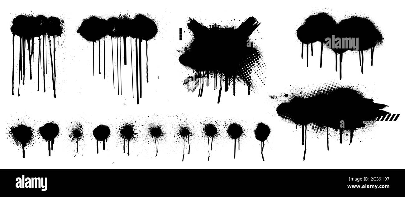 Schablone Spray Graffiti von Hand gezeichnet. Stencil Mockup schwarze Grunge Punkte, Wolken und tropfende Farbe. Grunge Grafik Textur Mockup. Vektorspray Stock Vektor