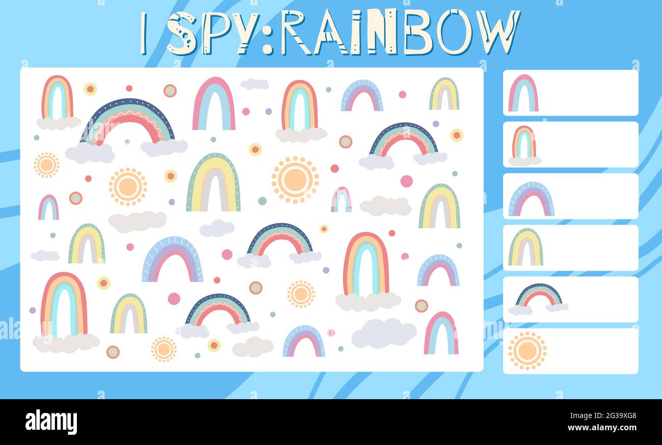 Ich spioniere Spiel. Pädagogischer Spaß für Kinder. Zählen Sie, wie viele Wetterelemente. Flach von Hand gezeichneter Regenbogen, Wolke, Sonne und Punkte. Vektorraum-Vorlage für presch Stock Vektor