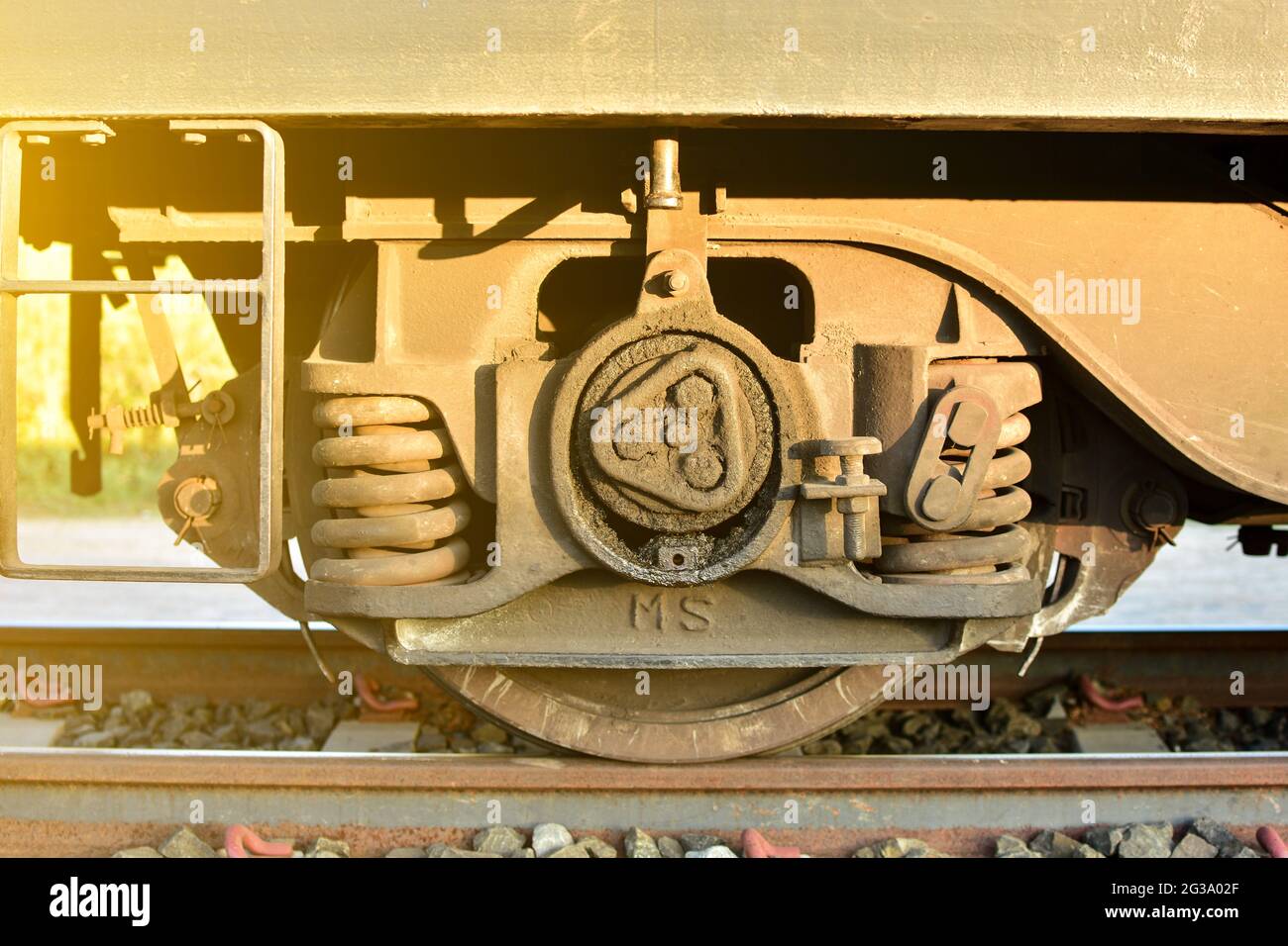 Industrielle Schiene Auto Räder Nahaufnahme Foto, Zug Rad Stockfoto