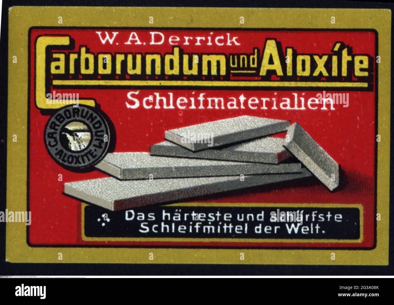 Werbung, Plakat Briefmarken, Werkzeug, 'W.A. Derrick' abrasives Material, um 1910, ZUSÄTZLICHE-RIGHTS-CLEARANCE-INFO-NOT-AVAILABLE Stockfoto