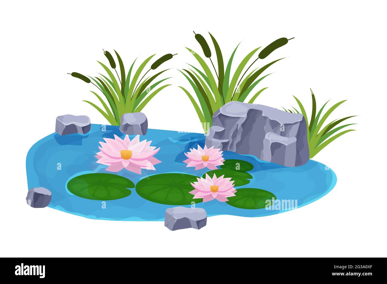 See mit ruhigem Wasser, Lilienblumen, Bullush und Steinen im Cartoon-Stil isoliert auf weißem Hintergrund. Naturteich im Freien. . Vektorgrafik Stock Vektor