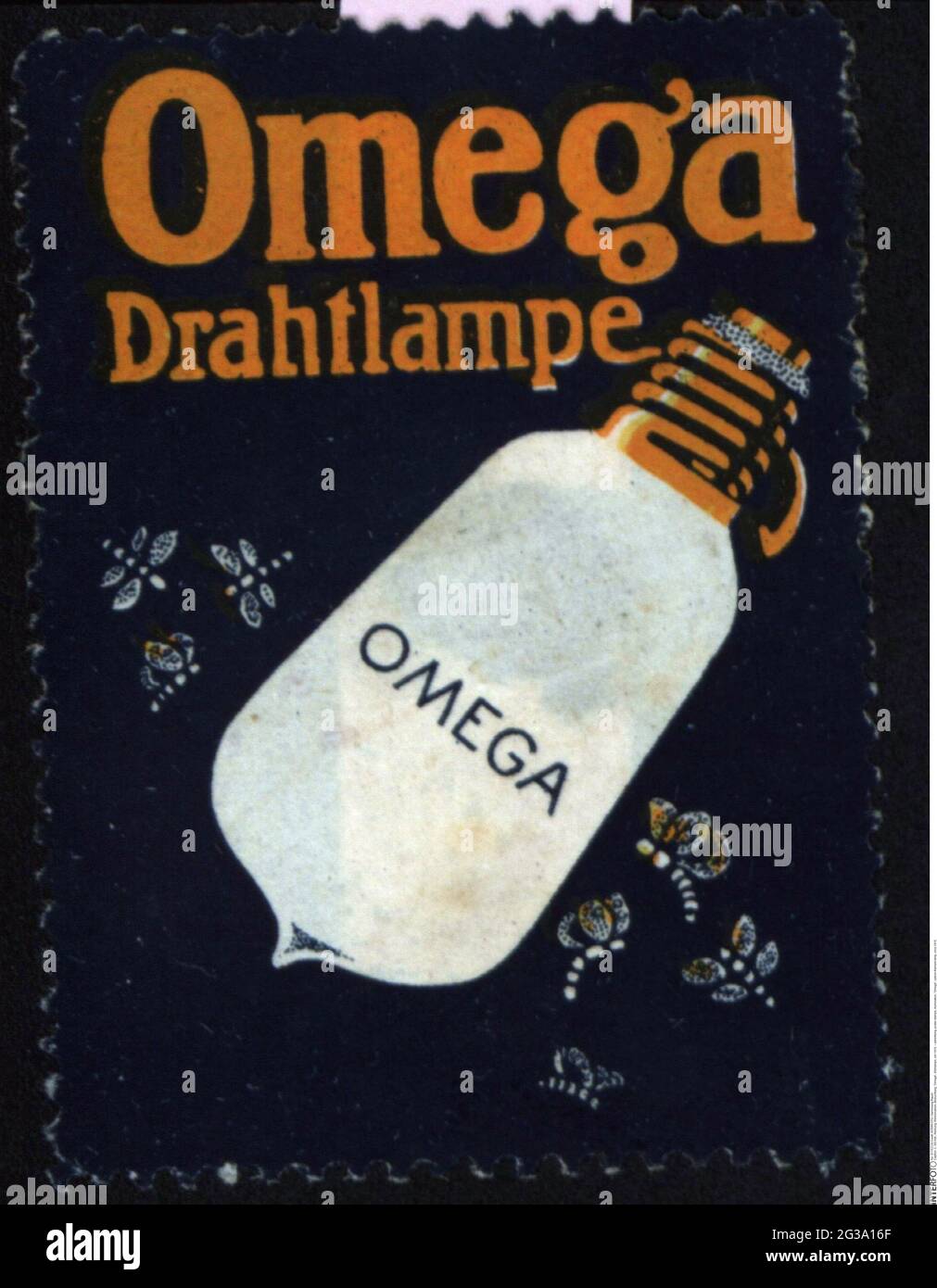 Werbung, Plakatstempel, Beleuchtung, 'Omega', Carbon Filament Lampe, CIRCA 1910, ZUSÄTZLICHE-RIGHTS-CLEARANCE-INFO-NOT-AVAILABLE Stockfoto
