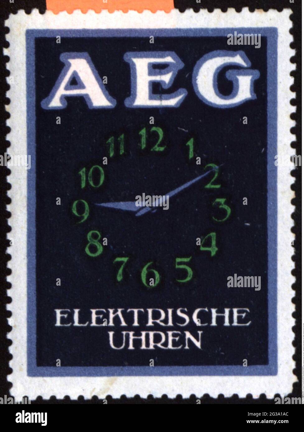 Werbung, Postermarken, Uhr, 'AEG', elektrische Uhr, CIRCA 1930, ZUSÄTZLICHE-RIGHTS-CLEARANCE-INFO-NOT-AVAILABLE Stockfoto