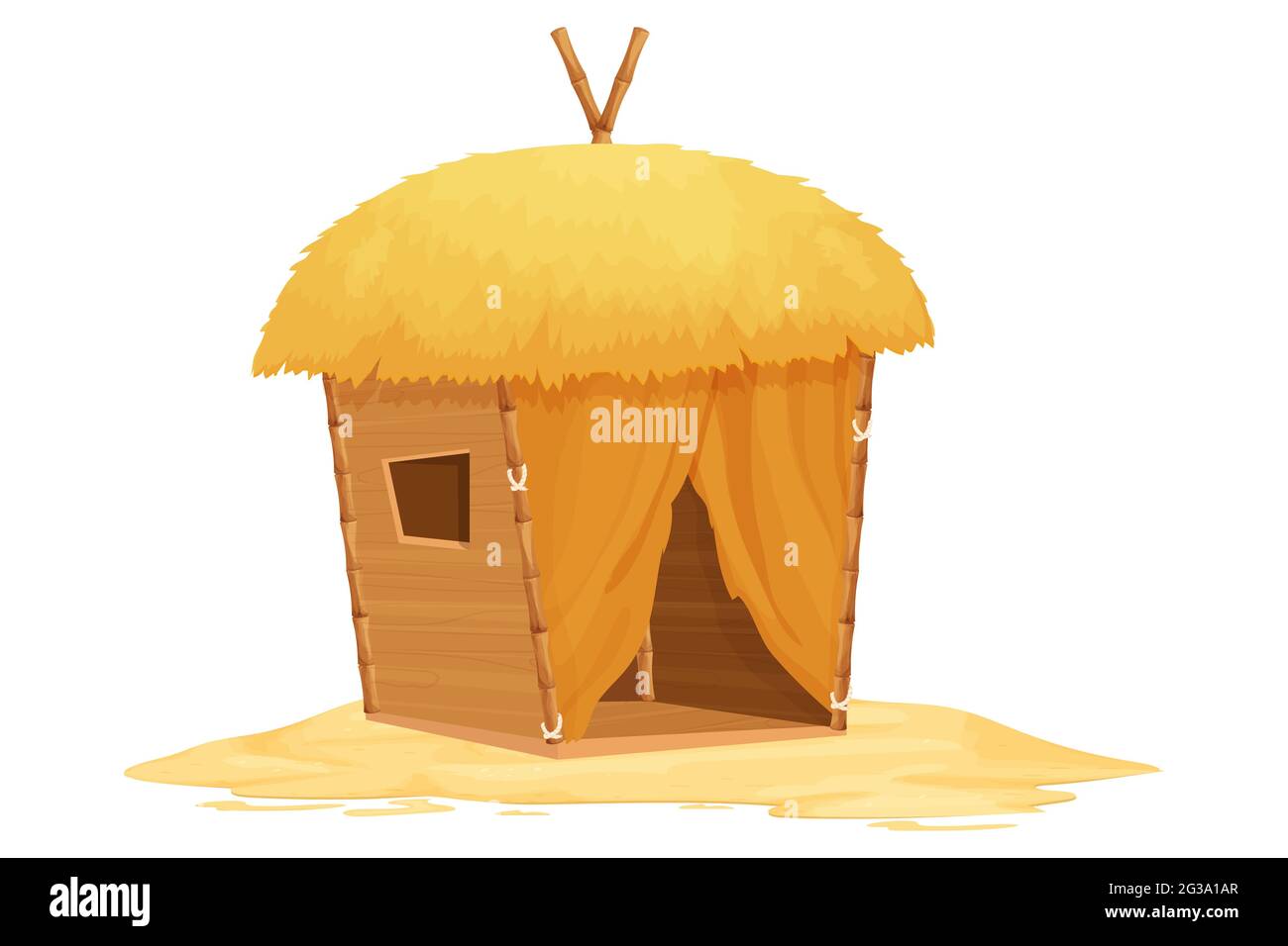Strandbungalow, Tiki-Hütte mit Strohdach, Bambus- und Holzdetails auf Sand im Cartoon-Stil isoliert auf weißem Hintergrund. Fantasy Gebäude, Urlaub Stock Vektor