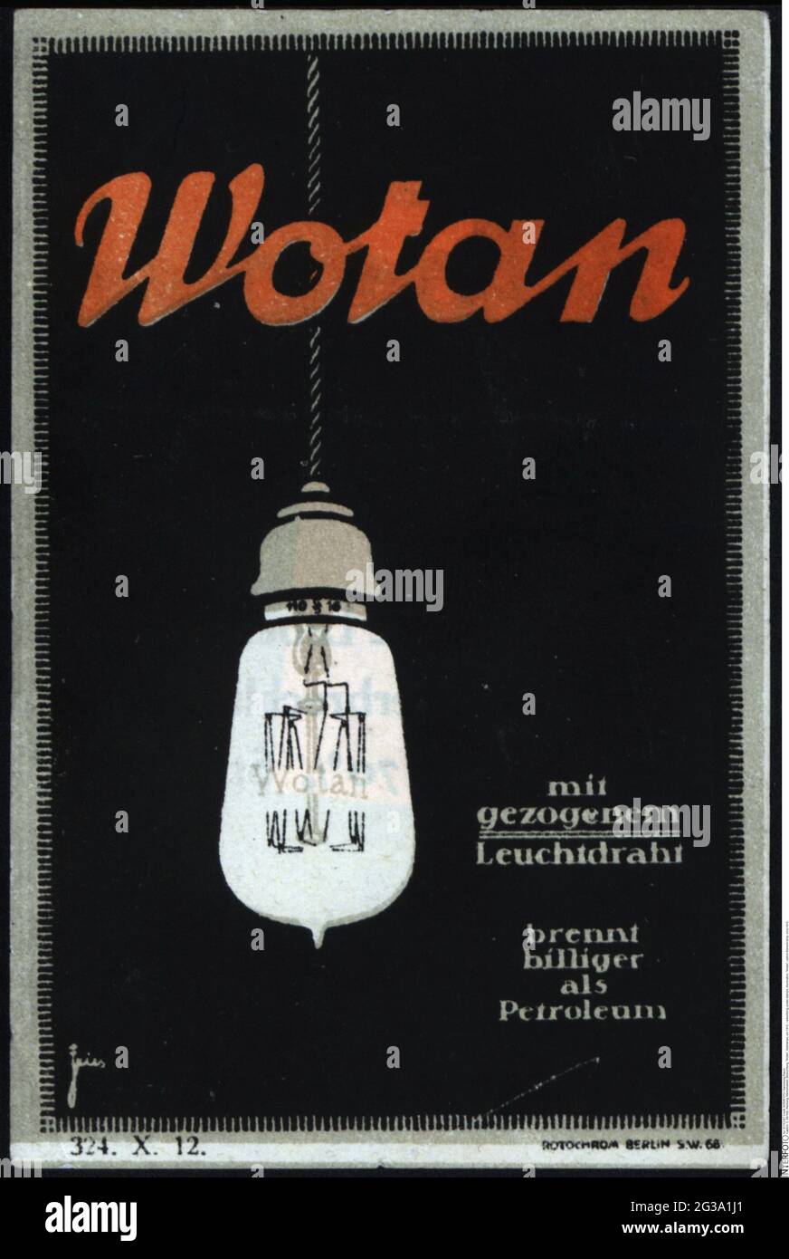Werbung, Plakatstempel, Beleuchtung, 'Wotan', Carbon-Glühlampe, CIRCA 1910, ZUSÄTZLICHE-RIGHTS-CLEARANCE-INFO-NOT-AVAILABLE Stockfoto