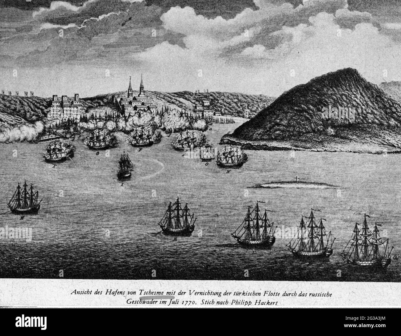 Fünfter russisch-osmanischer Krieg 1768 - 1774, Seeschlacht von der Insel, 5.7. - 7.7.1770, ZUSÄTZLICHE-RIGHTS-CLEARANCE-INFO-NOT-AVAILABLE Stockfoto
