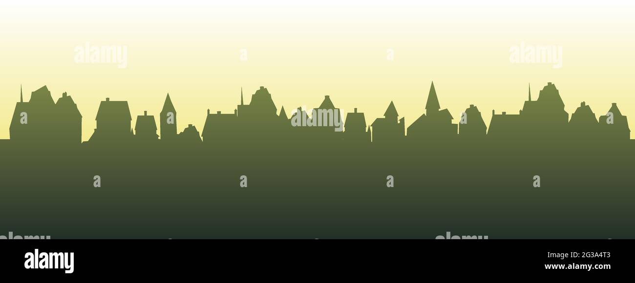 Kleine Stadt Straßen Silhouette. Dächer von Häusern. Landschaft auf dem Land. Flacher Cartoon-Stil. Nahtlose Illustration. Vektorgrafiken Stock Vektor
