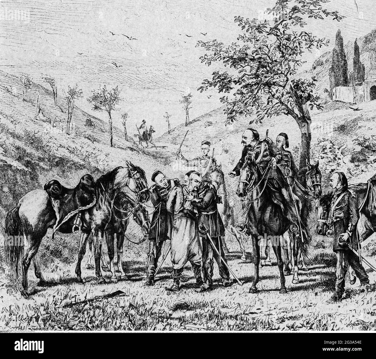 Russisch-Türkischer Krieg von 1877 - 1878, türkische Kavallerie mit einem gefangenen Bulgar, 1877, ZUSÄTZLICHE RECHTE-CLEARANCE-INFO-NOT-AVAILABLE Stockfoto