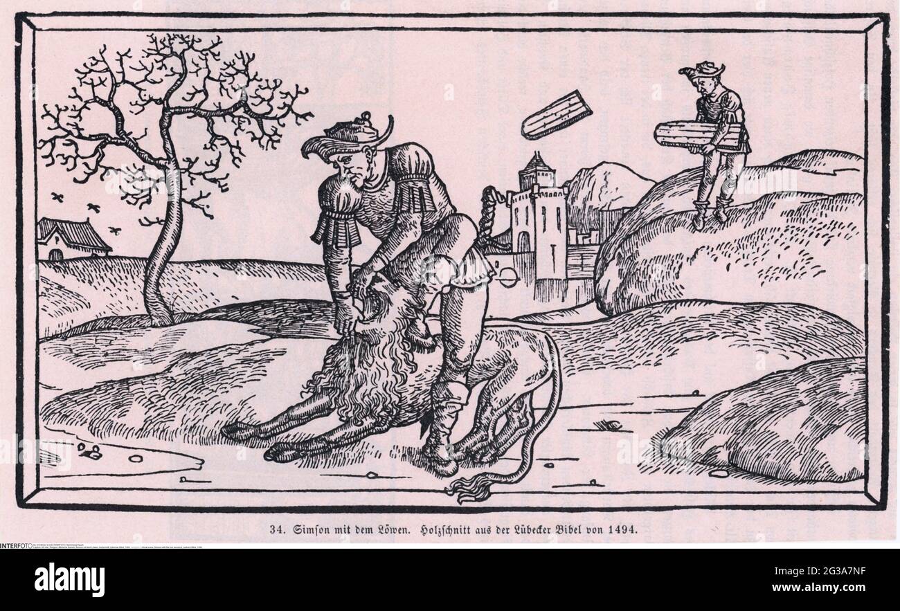 Religion, biblische Szene, Simson mit dem Löwen, Holzschnitt, Lübecker Bibel, 1494, ARTIST'S COPYRIGHT MUSS NICHT GELÖSCHT WERDEN Stockfoto