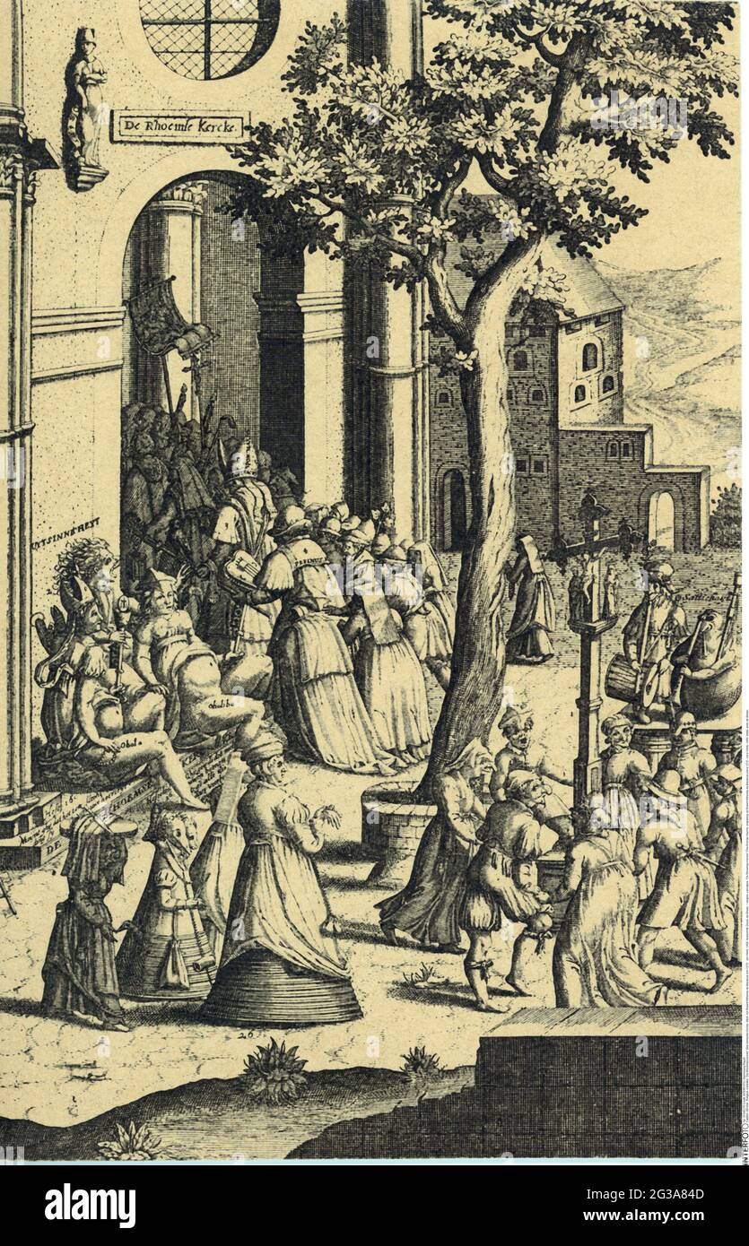 Religion, Karikatur, 'De Rhoemse Kercke' (die römische Kirche), Gravur, ARTIST'S COPYRIGHT MUSS NICHT FREIGEGEBEN WERDEN Stockfoto