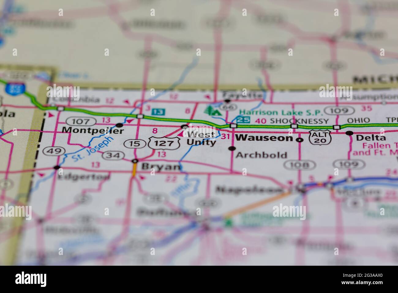 West Unity Ohio USA auf einer Geografie- oder Straßenkarte angezeigt Stockfoto