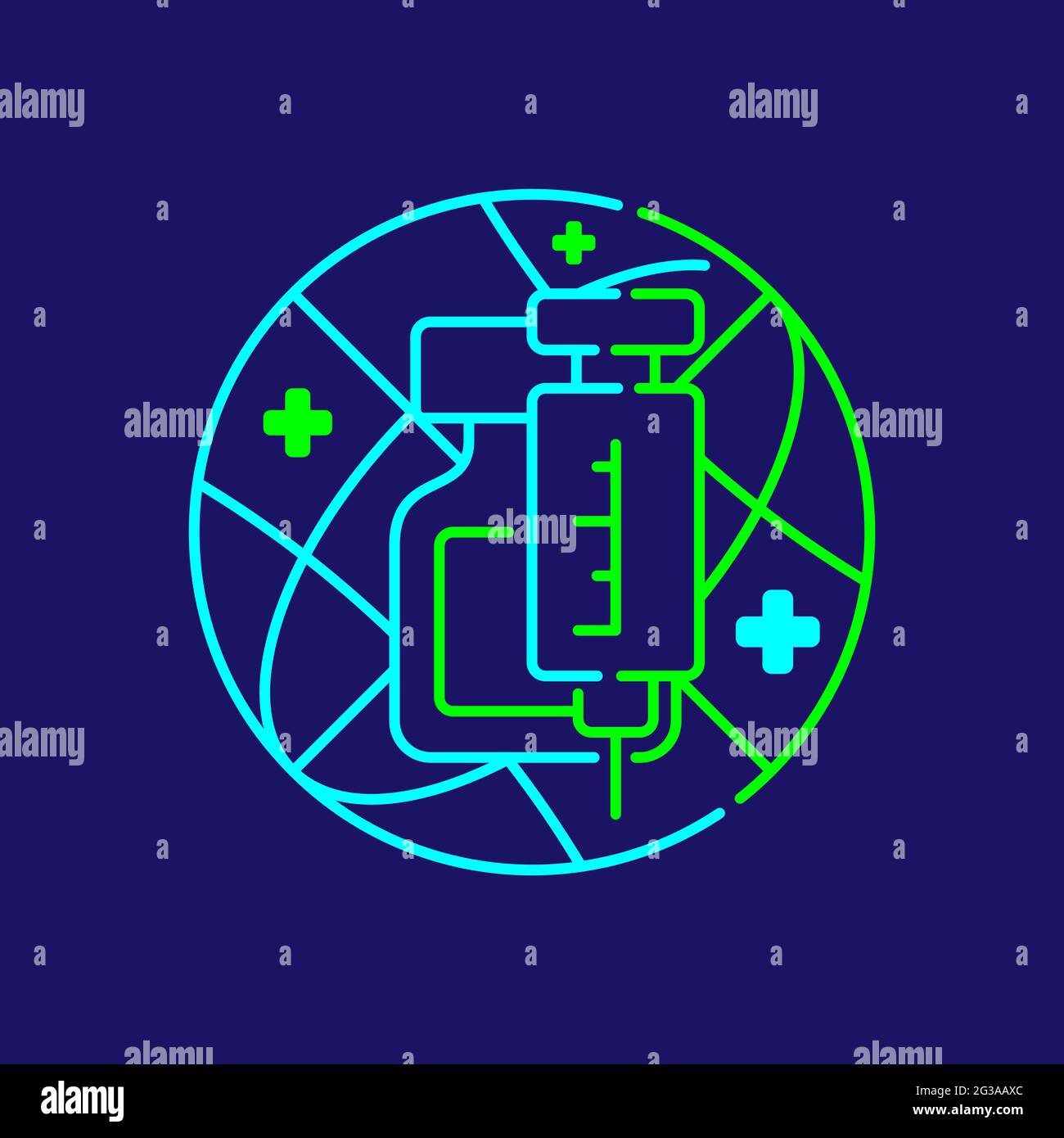 Logo covid-19 Impfstoffflasche, Spritze, Netzwerk mit Kreuz-Symbol, Impfkampagne globaler Reiseführer Illustration blau, grün Farbe isolieren Stock Vektor