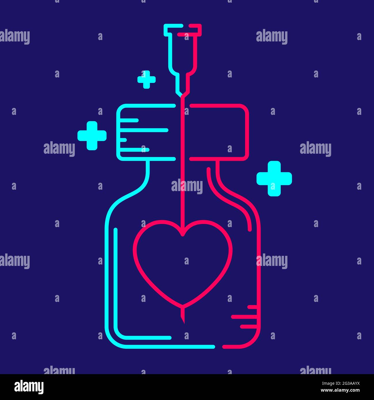 Logo covid-19 Impfstoff Love Heart Symbol in Flasche und Spritze Tipp mit Kreuz-Symbol, Impfung Kampagne Sponsor Unterstützung Konzept Design Illustration BL Stock Vektor