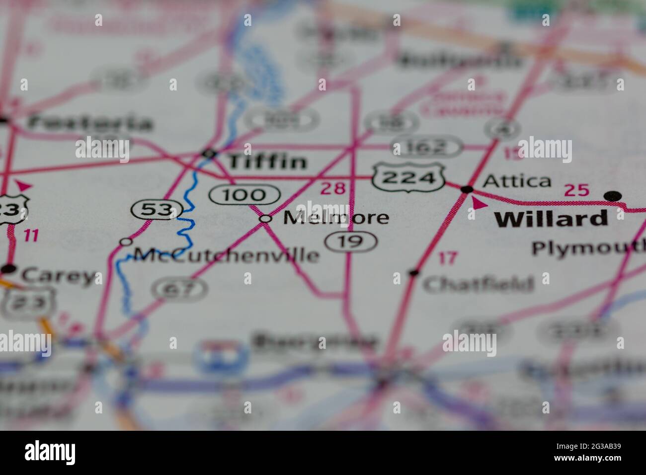 Melmore Ohio USA auf einer Geografie- oder Straßenkarte angezeigt Stockfoto