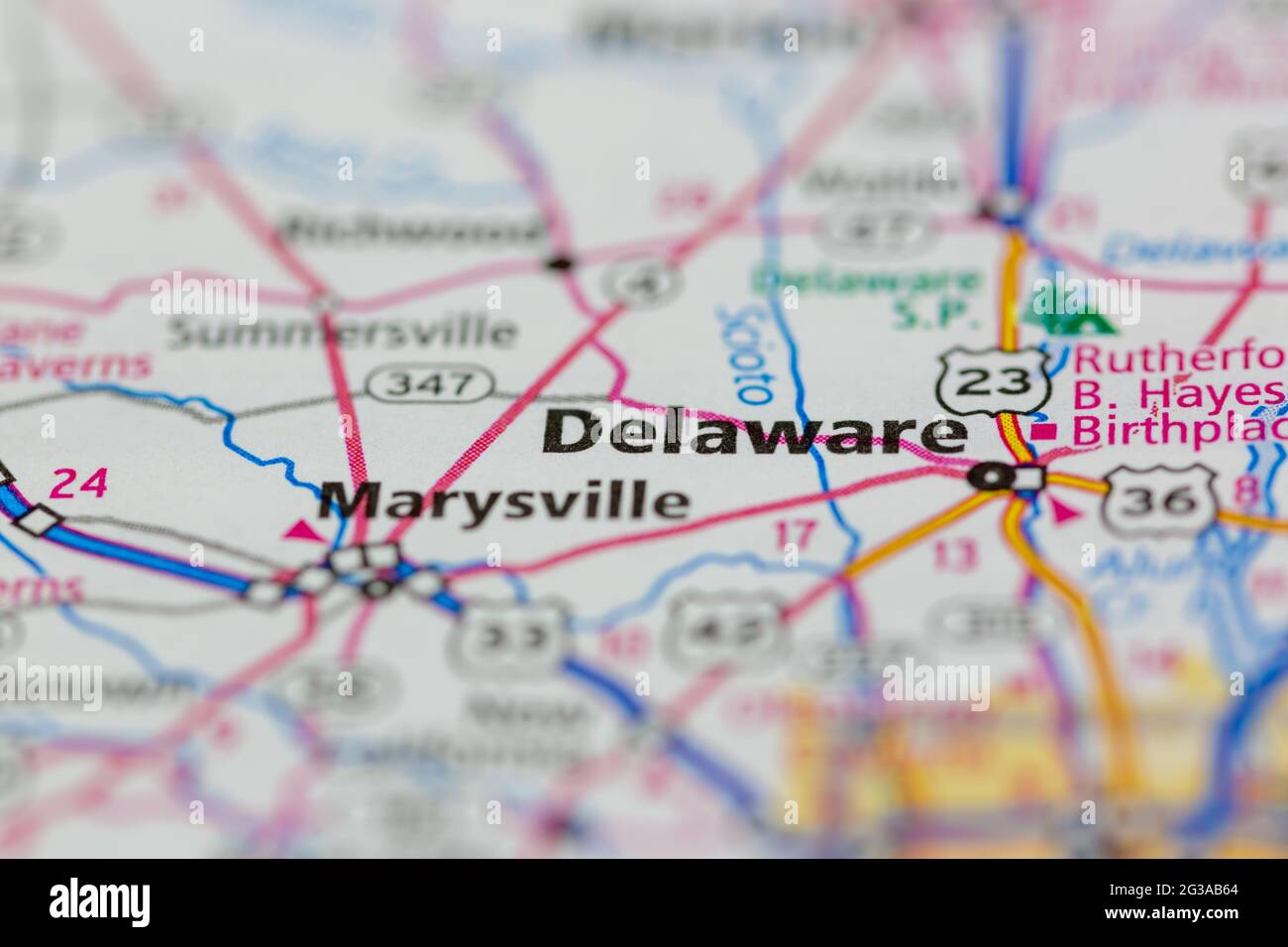 Delaware Ohio USA auf einer Geografie- oder Straßenkarte angezeigt Stockfoto