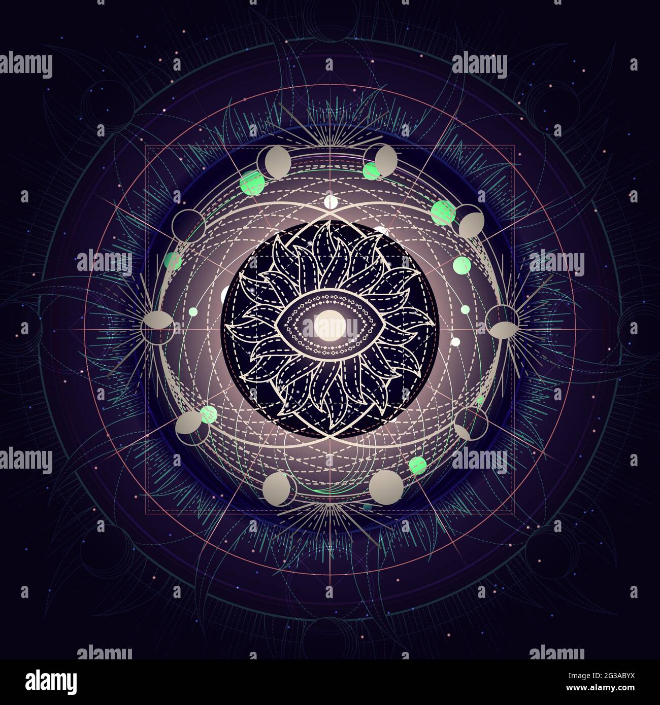 Vektordarstellung des Symbols Heilige Geometrie auf abstraktem Hintergrund. Mystisches Zeichen in Linien gezeichnet. Bild in violetter Farbe. Stock Vektor