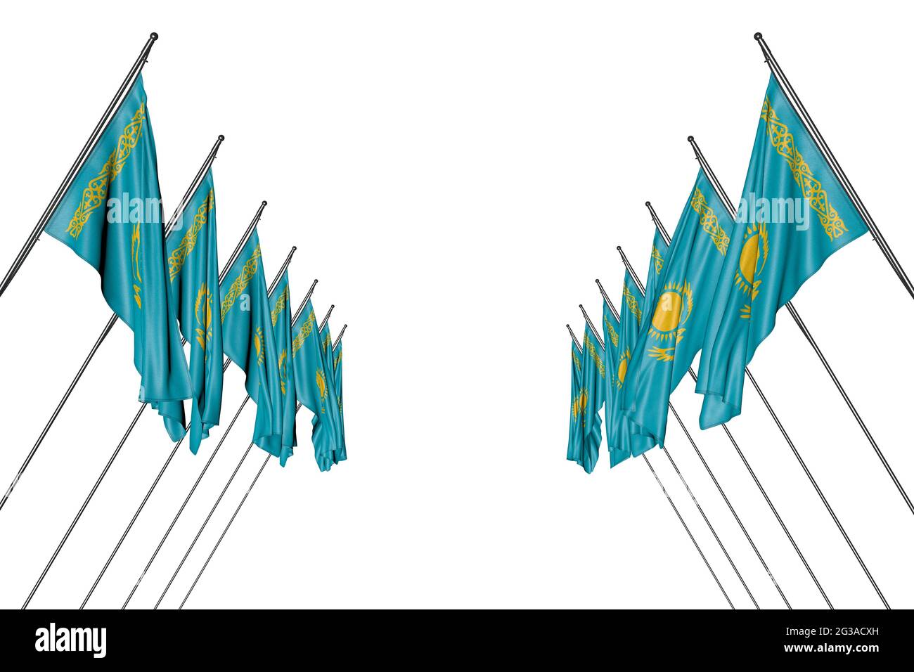 Niedliche viele Kasachstan Flaggen hängen an diagonalen Polen von links und rechts isoliert auf weiß - jede Urlaubsflagge 3d-Illustration Stockfoto