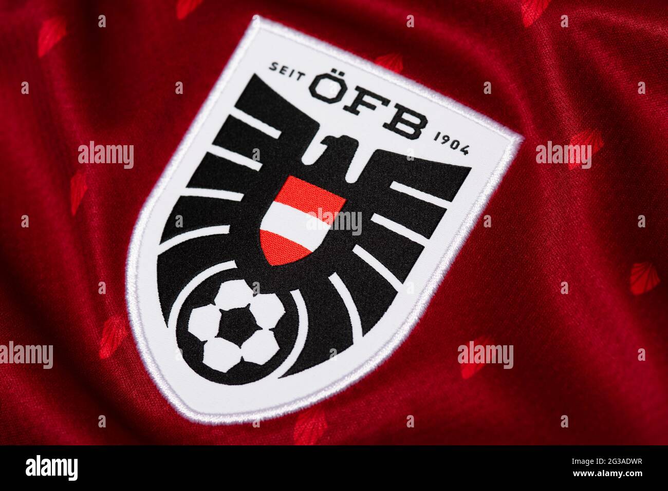 Nahaufnahme des Fußballtrikots der österreichischen Nationalmannschaft. UEFA Euro 2020. Stockfoto