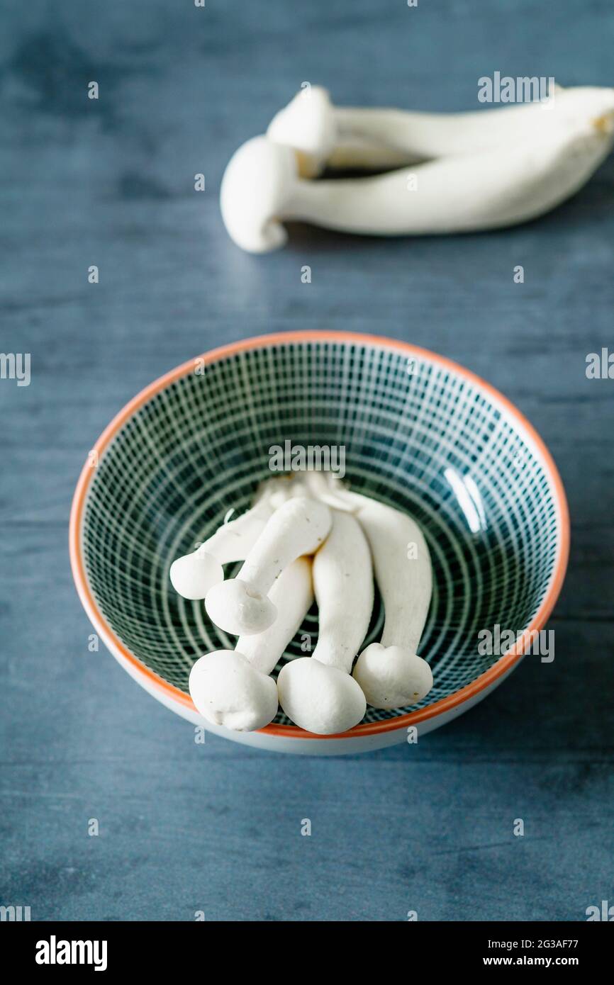 Weißer asiatischer Enoki-Pilz, rohes veganes Essen, Pilz, Nahaufnahme Stockfoto