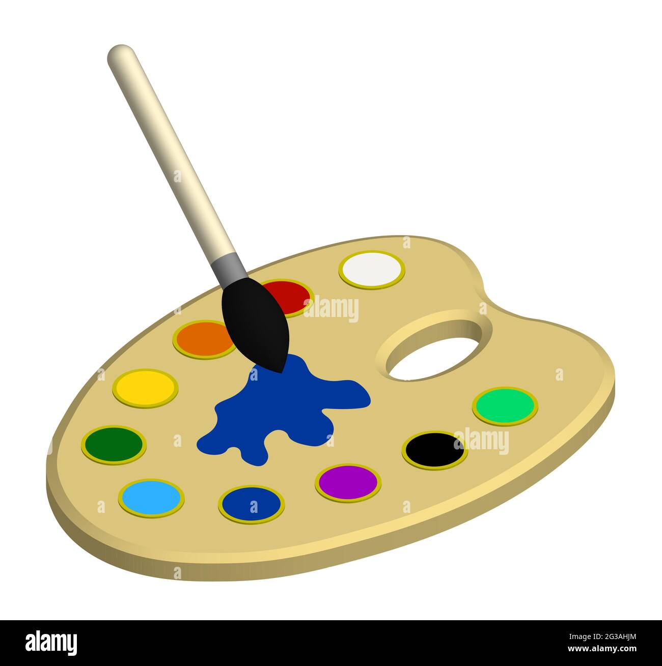 Isometrische Malerpalette mit bunten Aquarellen und Kunstpinsel. Schreibwaren für Schule und Kreativität. Realistischer 3D-Vektor Stock Vektor