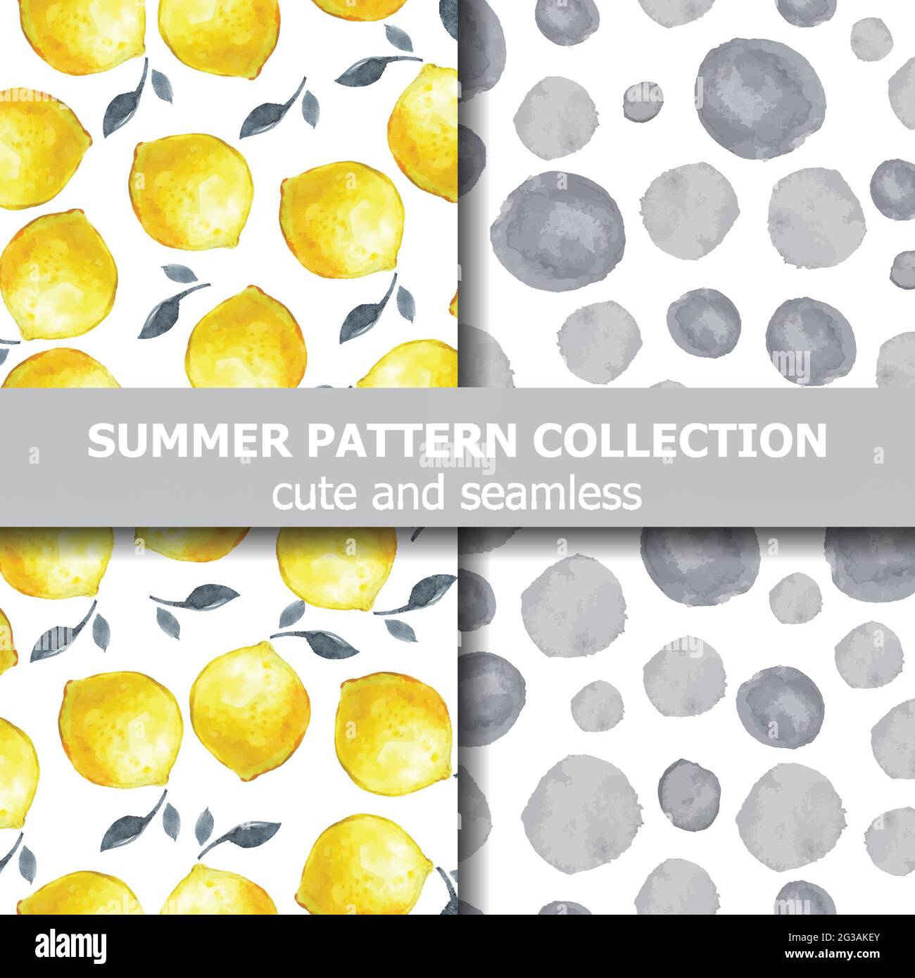 Leckere Sommer-Musterkollektion mit wasserfarbenen Zitronen und Punkten. Sommerbanner. Vektor Stock Vektor