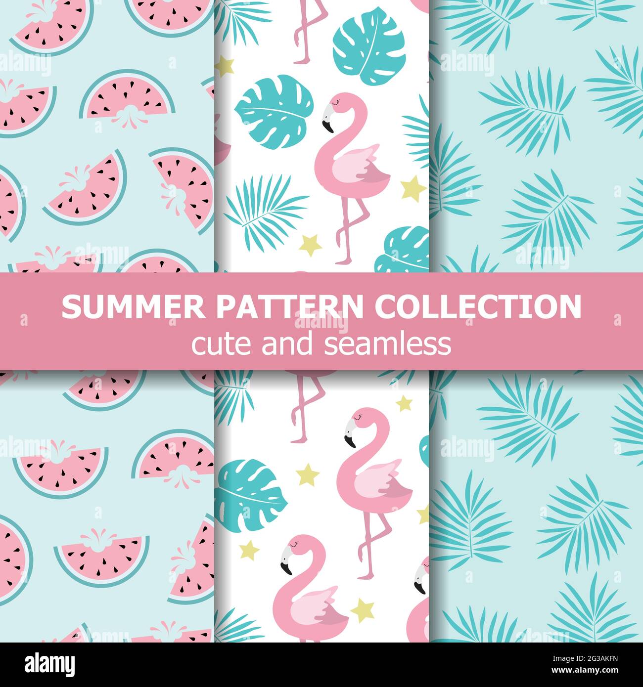 Exotische Sommer-Musterkollektion. Flamingo und Wassermelone Thema, Sommer Banner. Vektor Stock Vektor