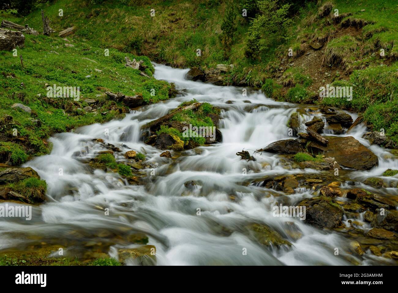 Der Fluss Rabassa im Tor-Tal im Frühling (Pallars Sobirà, Lleida, Katalonien, Spanien, Pyrenäen) ESP: El Río de la Rabassa en el valle de Tor (Pirineos) Stockfoto