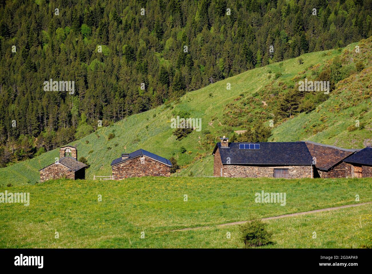 Die Conflent-Hütten mit dem Tal Santa Magdalena im Hintergrund im Frühjahr (Naturpark Alt Pirineu, Katalonien, Spanien, Pyrenäen) Stockfoto