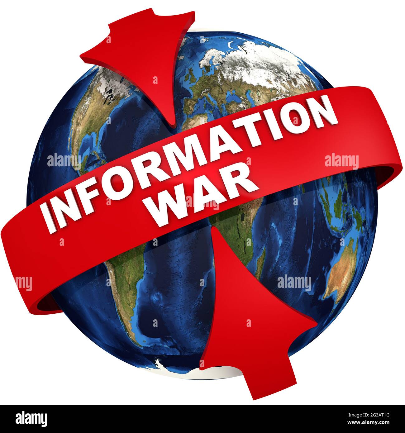 Weltweiter Informationskrieg. Rote Pfeile betonen den weißen Text-INFORMATIONSKRIEG auf dem Globus-Hintergrund. Isoliert. 3D-Illustration Stockfoto