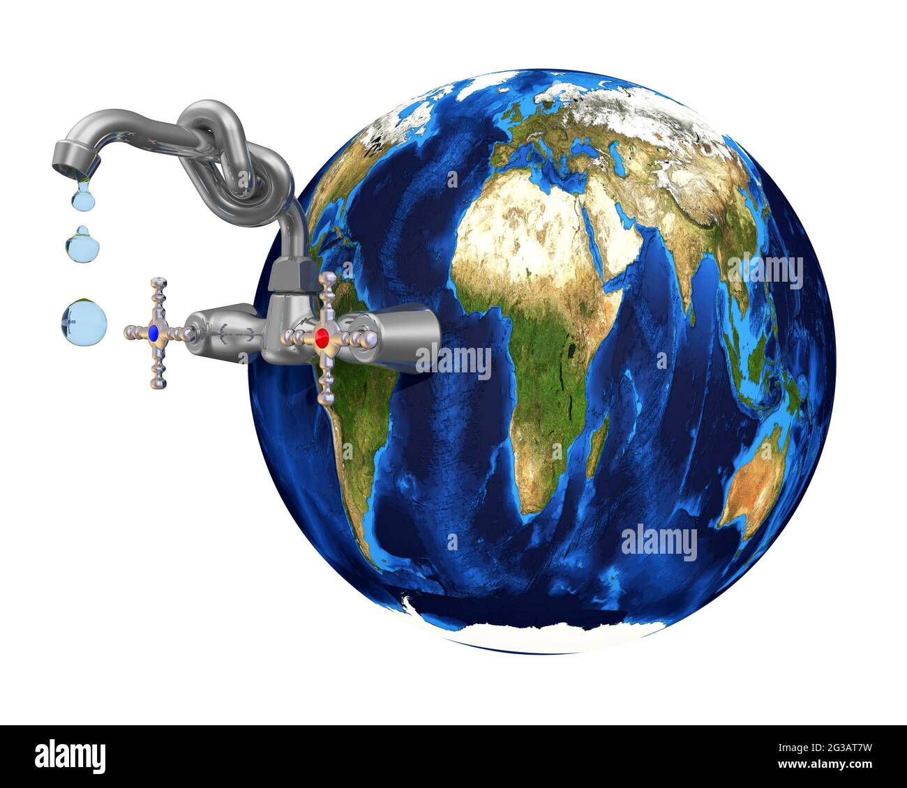 Mangel an frischem Wasser auf dem Planeten Erde. Planet Erde und ein tropfender Wasserhahn sind in einem Knoten gebunden. Der Planet Erde als Quelle von Süßwasser. Isoliert Stockfoto