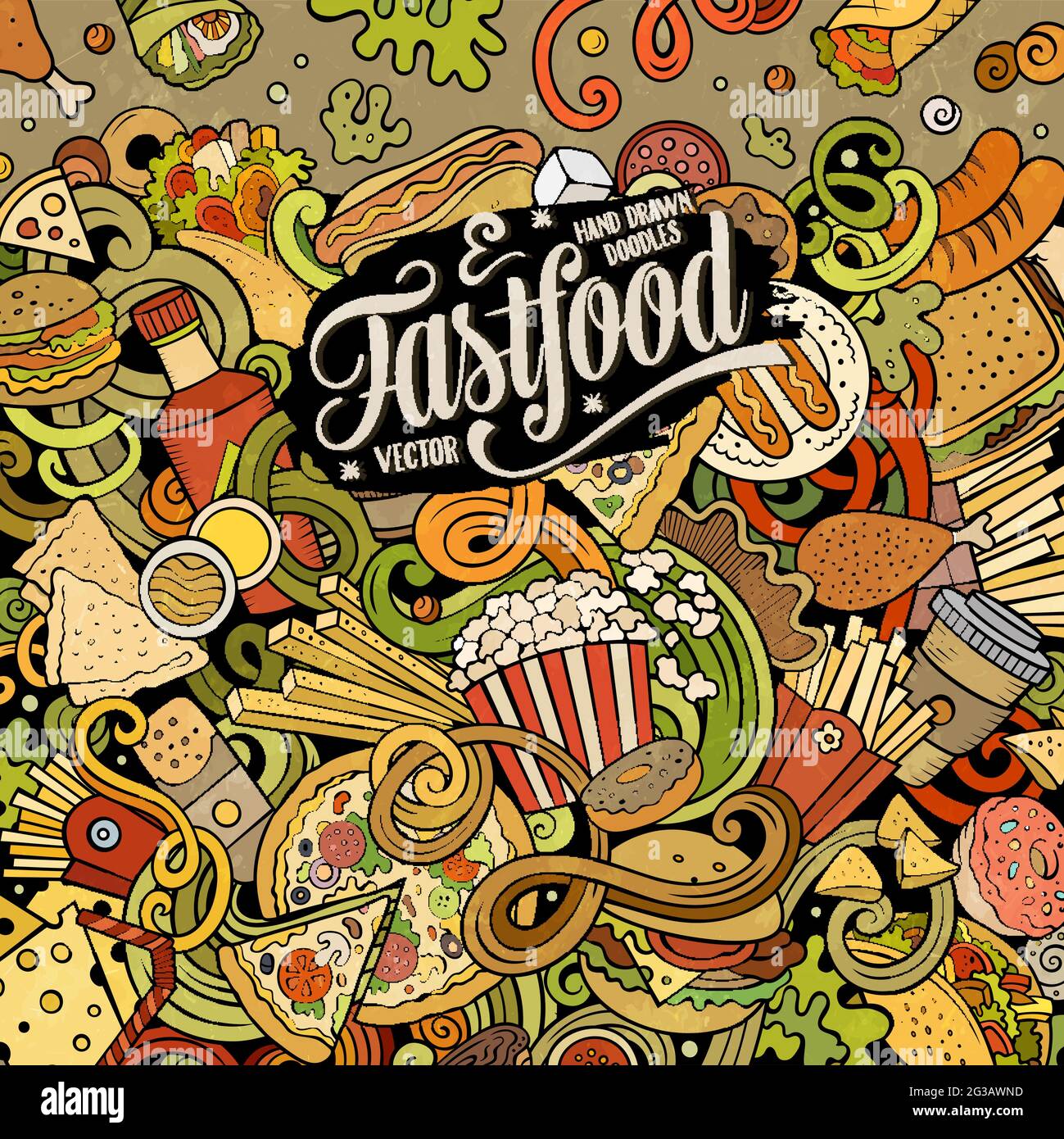 Fastfood handgezeichnete Vektor-Doodles Illustration. Fastfood-Kartendesign. Ungesunde Elemente und Objekte Cartoon Hintergrund. Helle Farben lustig b Stock Vektor