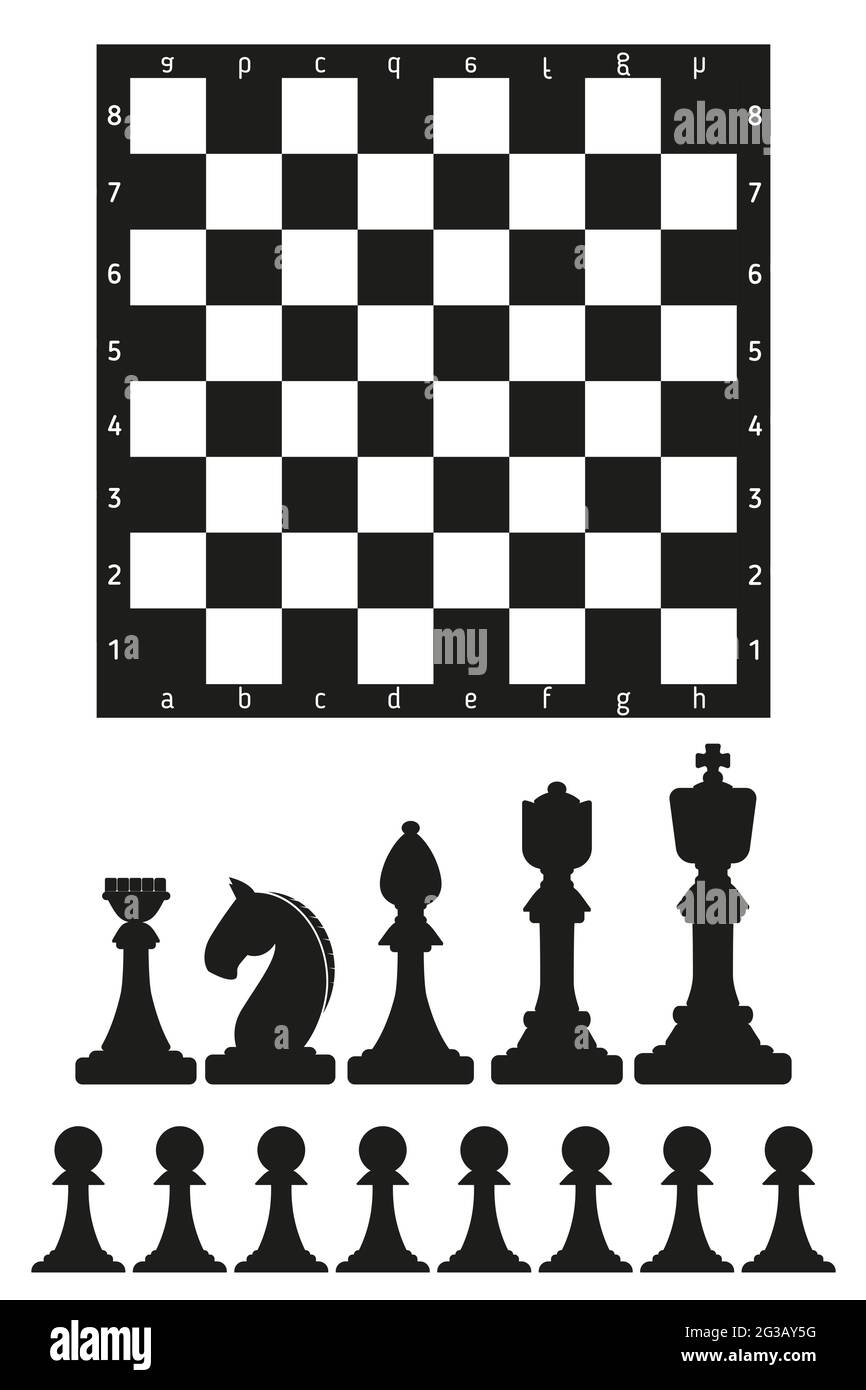 Schachbrett und Schachfiguren auf weißem Hintergrund Stock Vektor