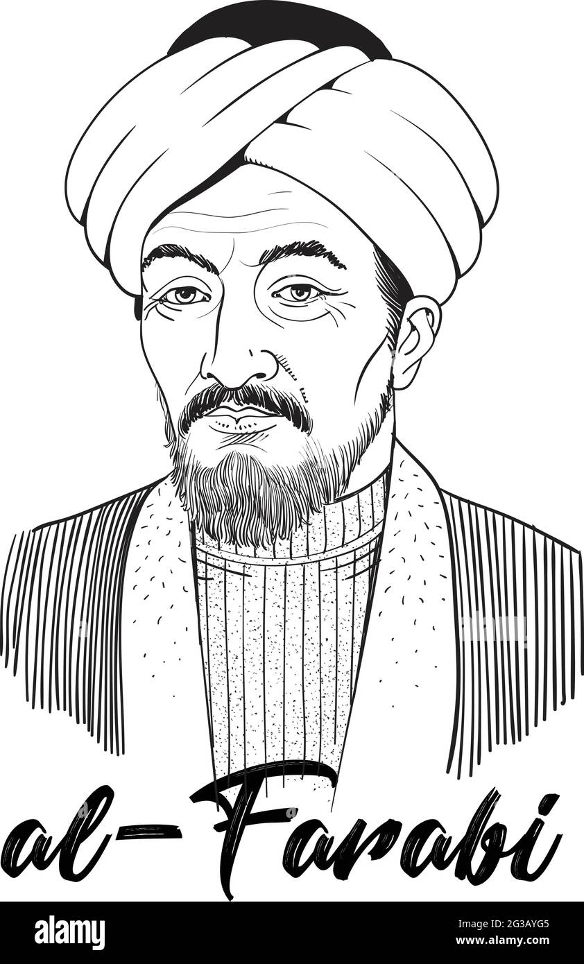 Abu Nasr al-Farabi war ein renommierter Philosoph und Jurist, der sich mit politischer Philosophie, Metaphysik, Ethik und Logik bewog. Er war auch Wissenschaftler, Stock Vektor