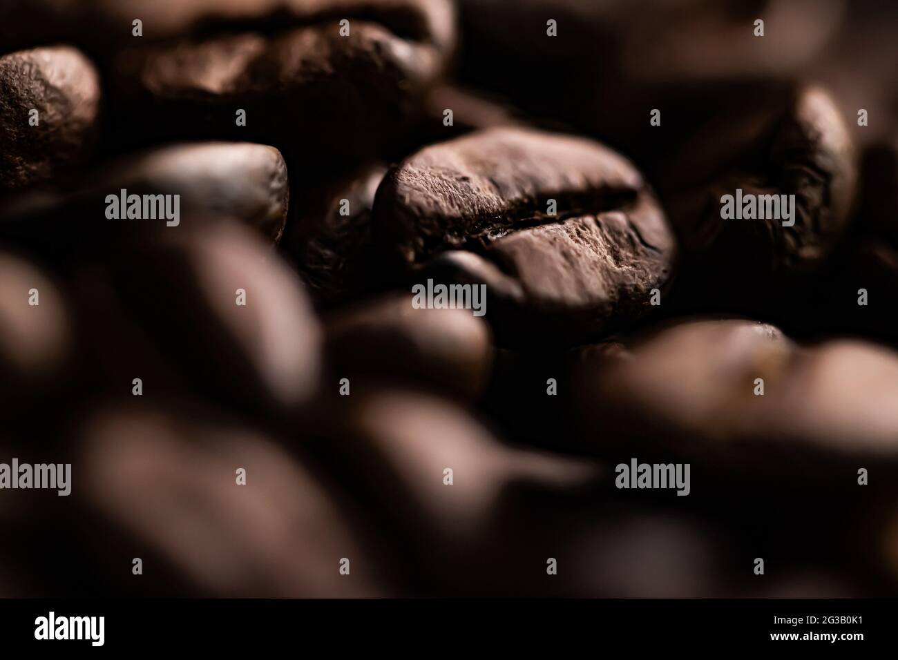 Kaffeebohnen Hintergrund, geröstete Signature Bohne mit reichhaltigem Geschmack, bester Morgengetränk und luxuriöser Mischung Stockfoto