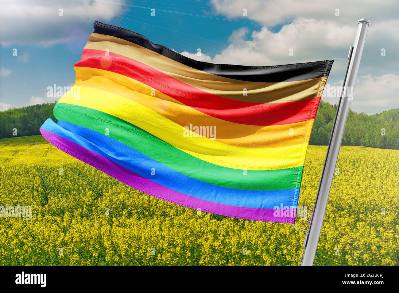 Die neue Pride Flags PROGRESS PRIDE FLAGGE LGBTQ+ Regenbogenflagge Quasar 'Progress' Stockfoto