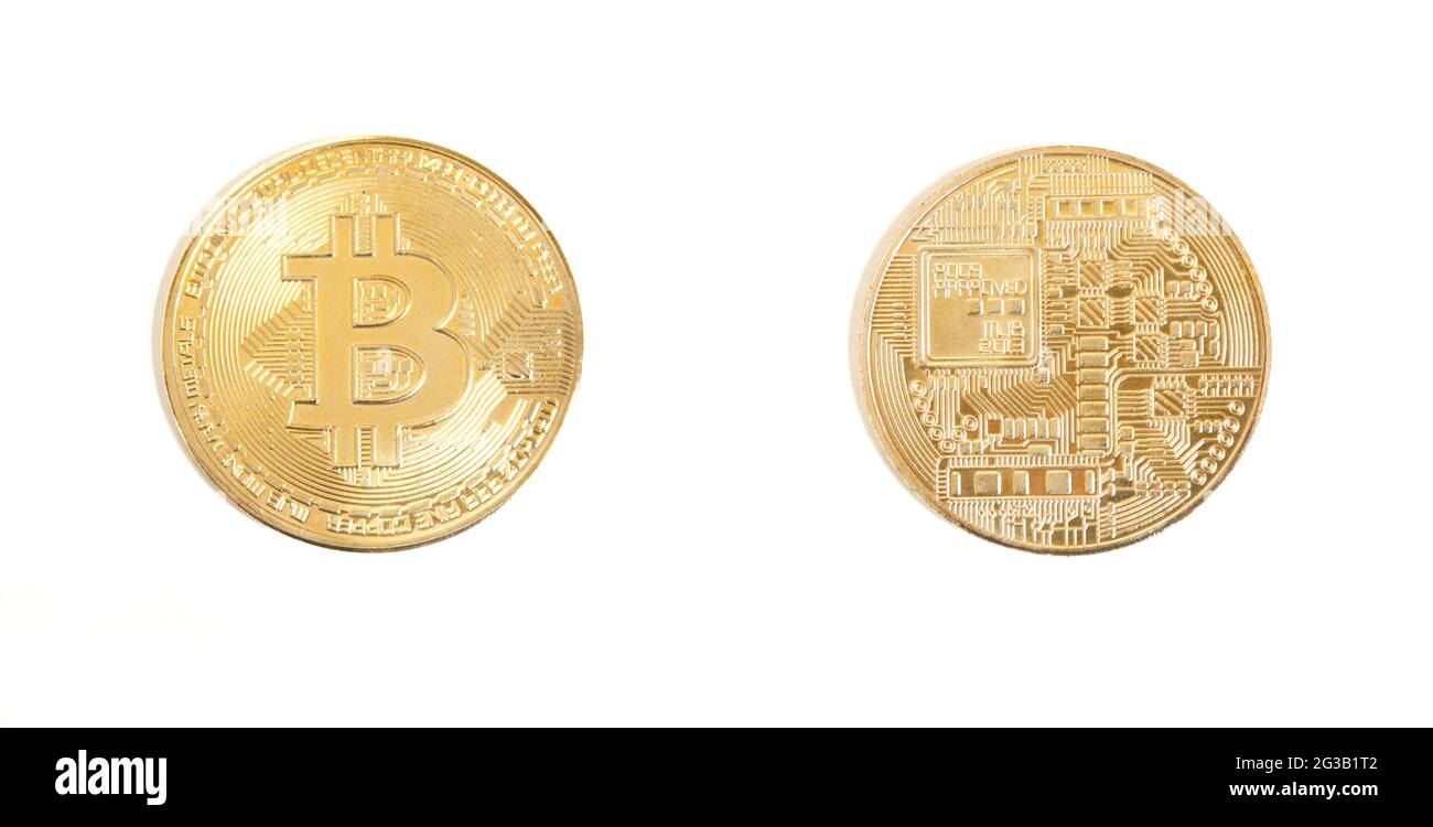 Golden Bitcoin isoliert auf weißem Hintergrund, beliebte Kryptowährung Bitcoin  Münze, beide Seiten Stockfotografie - Alamy