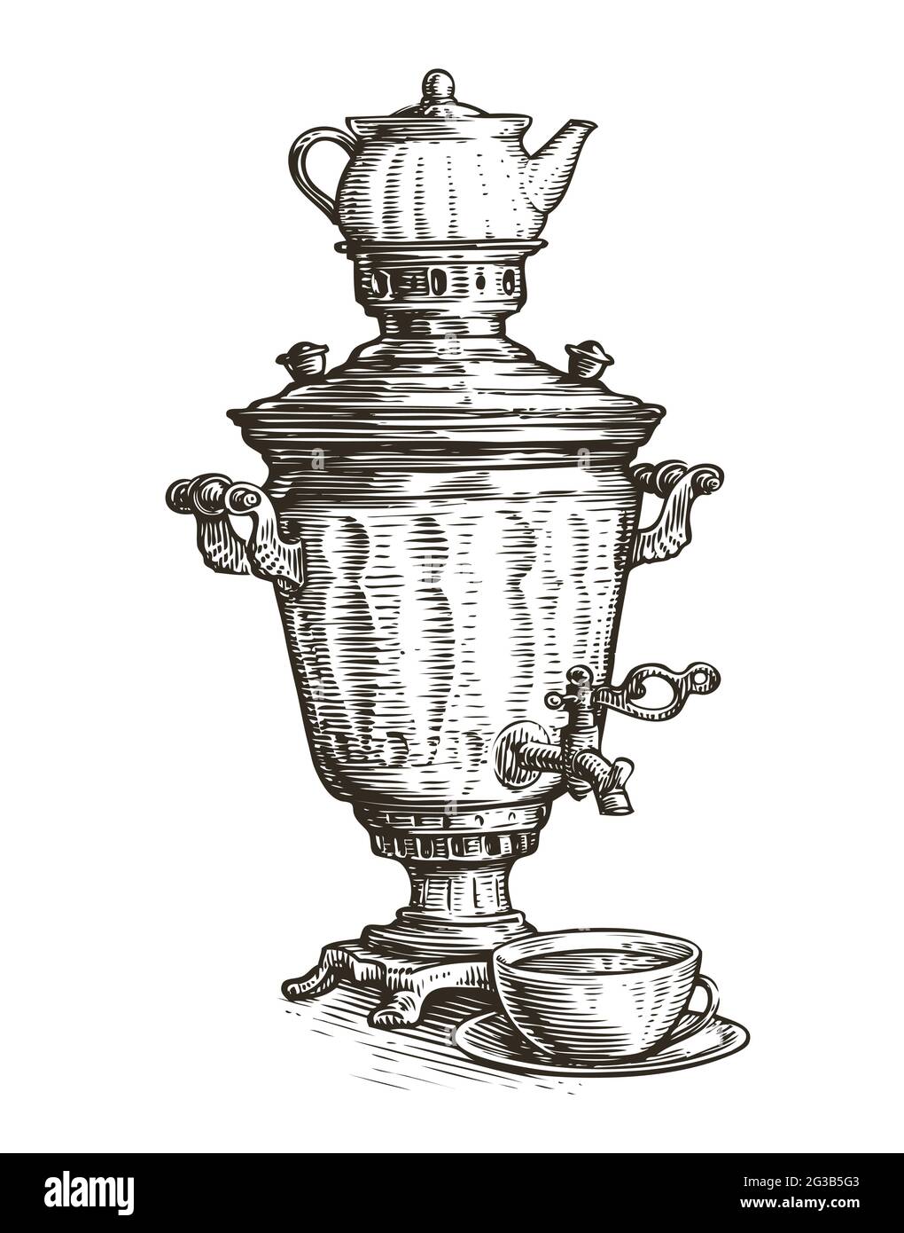 Samovare Skizze. Russische traditionelle altmodische Art des Teetrinkens. Vintage-Vektorgrafik Stock Vektor