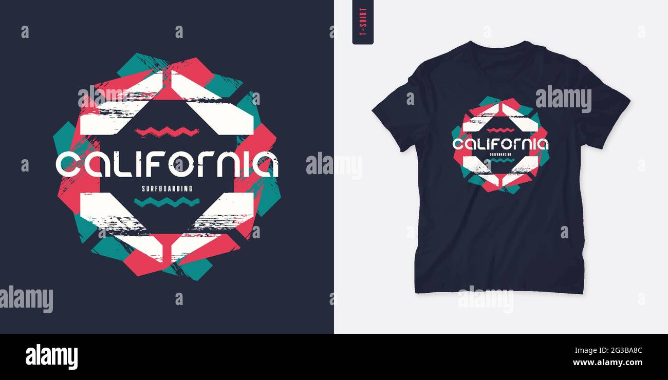 California Grafik-T-Shirt-Design, geometrischer Druck, Vektor-Illustration Stock Vektor