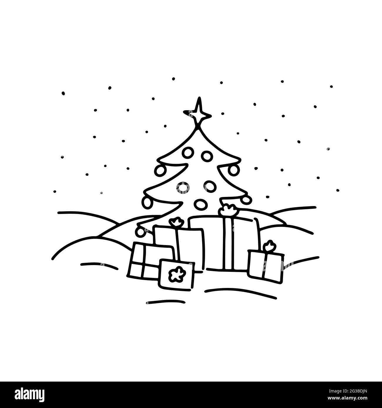 Doodle Weihnachtsbaum Konzept. Landschaft mit Weihnachtstanne, Geschenke, Schneeflocken isoliert auf weißem Hintergrund. Verschneite, festliche Neujahrslandschaft. Stock Vektor