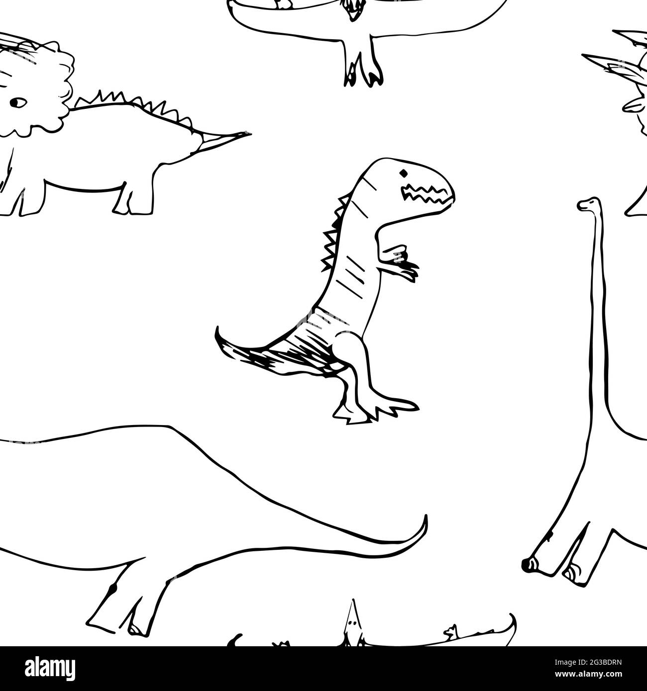 Vektor Nahtloses Muster mit Pterodactyl, Tyrannosaurus, Triceratops, Diplodocus. Illustration mit Dinosauriern auf weißem Hintergrund für Textilien, Wand Stock Vektor