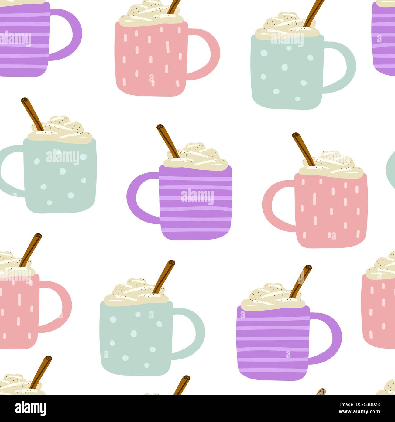 Nahtlos Cute skandinavischen Vektor Stock Muster. Rosa, blaue, violette Tassen mit heißen Getränken, Schaum, Creme, Zimt. Eiernang, Kaffee, Kakao, Schokolade, mil Stock Vektor