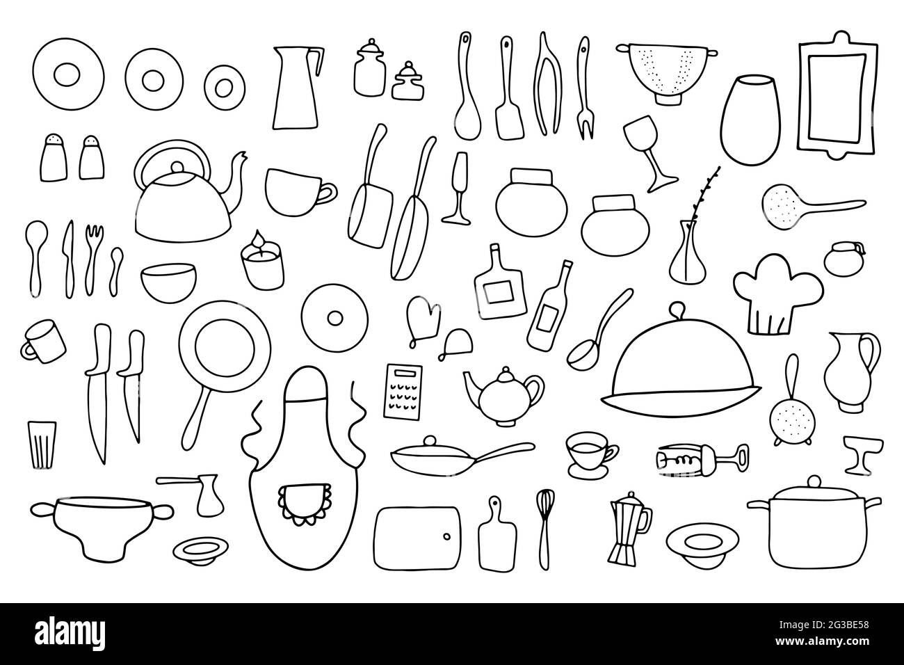 Doodle Geschirr Vektor-Set. Cartoon skizzieren Küchengeschirr isoliert auf weißem Hintergrund. Kochtöpfe, Pfannen, Teller, Besteck, Wasserkocher, Kaffee Stock Vektor