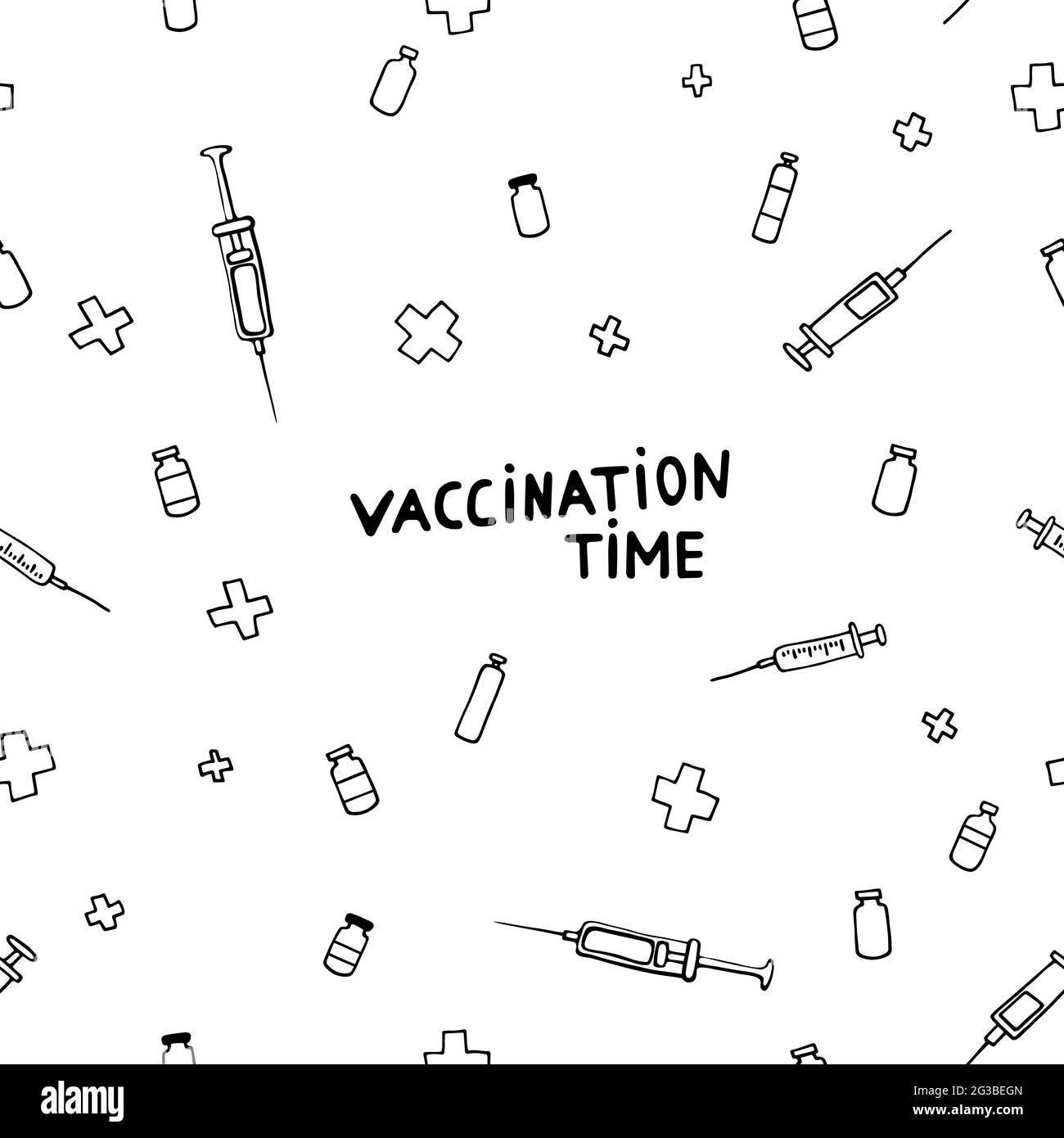 Zeit für die Impfung. Nahtloses medizinisches Muster. Impfung gegen Influenza und andere Krankheiten, Krankheitsvorbeugung, Gesundheitsversorgung. Vektorbild mit Pharma Stock Vektor