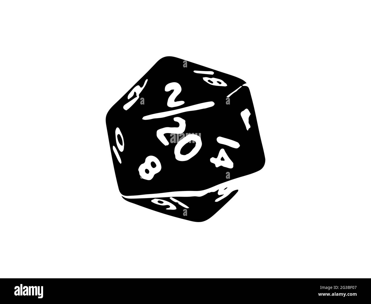 Black Dice für Brettspiele. Eine Figur mit zwanzig Gesichtern. Isolierte Vektordarstellung auf weißem Hintergrund. Objekt d 20 zum Werfen während des Spiels. Stock Vektor