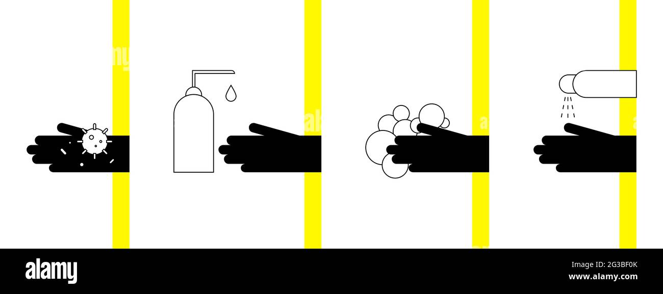 Illustration „Wash Your Hands“. Symbole für die Glyphen-Hygiene festlegen. Schmutzige Hände mit Bakterien, Covid-19, Seife, Schaum, Desinfektionsmittel, Antiseptisch. Vektorsymbole von Clean Stock Vektor